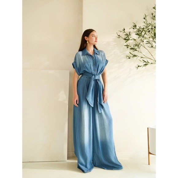 Denim Short Sleeve Button Down Wrap Waist Wide Leg Jumpsuit - Picture 3 of 5